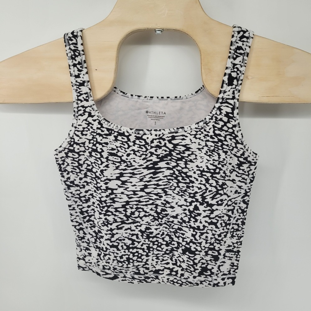 Athleta Crop Tank Top Womens Small Black White Leopard Print Activewear Yoga‎